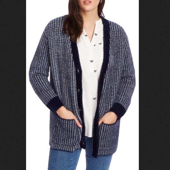 COURT & ROWE Women's Navy Houndstooth Eyelash Knit Cardigan Sweater Size XS - Picture 1 of 10